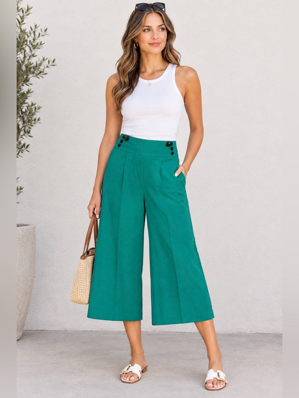 New York & Company Wide Leg Teal Green Cropped Pants Culottes Women 12